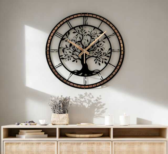 Tree Of Life Wall Clock With Metal Frame, Metal Clock, Morden Gift, Large Black Of Clock, Nature Symbol Home Decor - image 1