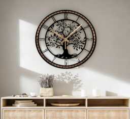 Tree Of Life Wall Clock With Metal Frame, Metal Clock, Morden Gift, Large Black Of Clock, Nature Symbol Home Decor - thumbnail 1