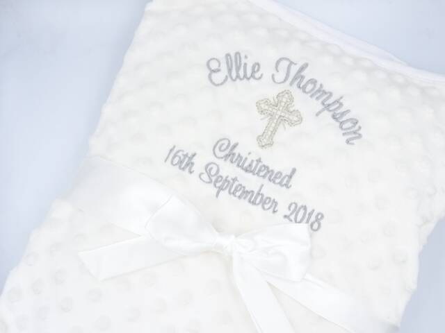 Personalised Embroidered Christening Blanket, Blanket For Baptism, Add Any Name, Naming Day Cross, Baby Feet - image 1