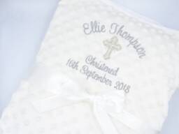 Personalised Embroidered Christening Blanket, Blanket For Baptism, Add Any Name, Naming Day Cross, Baby Feet - thumbnail 1