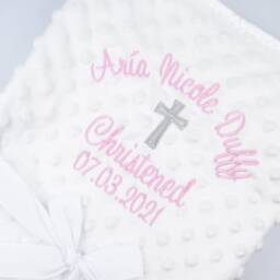 Personalised Embroidered Christening Blanket, Blanket For Baptism, Add Any Name, Naming Day Cross, Baby Feet - thumbnail 3