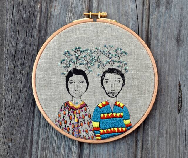 Twig Couple, Embroidery, Hoop Art, Wall Hanging - image 1