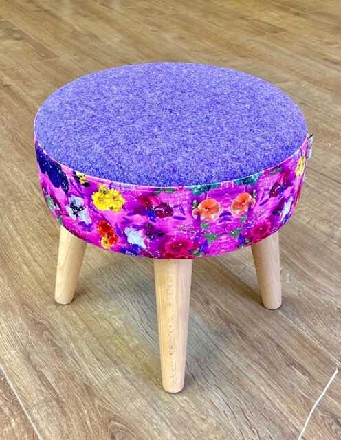 Pink Floral Velvet Footstool With Lilac Harris Tweed - image 1