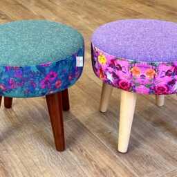Pink Floral Velvet Footstool With Lilac Harris Tweed - thumbnail 4