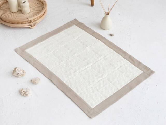 Pure Linen Bathroom Mat in Beige & Milk White, 100% Flax Waffle Rug, Fast Dry Small Shower - image 1