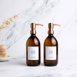 Amber Glass Soap Dispenser Rose Gold Stainless Steel Pump, Refillable Bottle - thumbnail 2