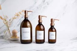 Amber Glass Soap Dispenser Rose Gold Stainless Steel Pump, Refillable Bottle - thumbnail 1
