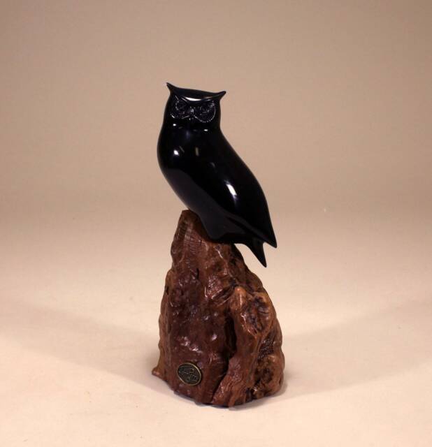 Owl Sculpture Decor Figurine By John Perry Horned 9In Tall Ebonite On Burlwood - image 1
