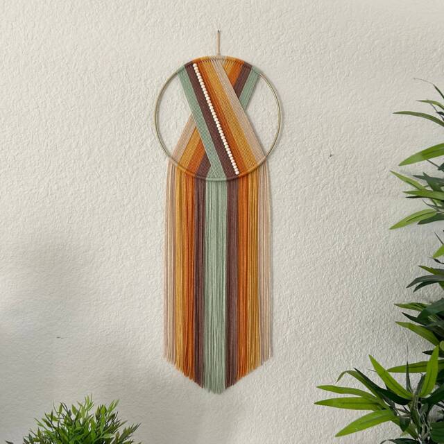 Green Retro Yarn Wall Hanging, Beaded Macrame Hoop Art, Textile Yellow Rainbow, Handmade Hangings - image 1