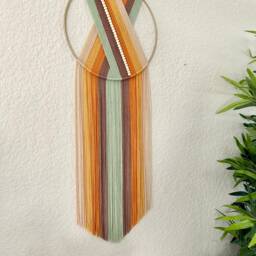 Green Retro Yarn Wall Hanging, Beaded Macrame Hoop Art, Textile Yellow Rainbow, Handmade Hangings - thumbnail 3