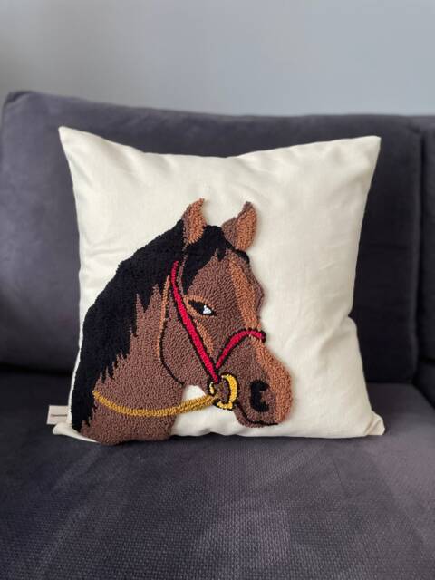 Handmade Boho Horse Pillow Cover Punch Needle Embroidered Equestrian Decor - image 1