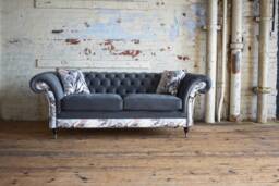 Handmade 3 Seater Grey Velvet Fabric Chesterfield Sofa - Contrasting Chic Floral Patterned