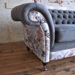 Handmade 3 Seater Grey Velvet Fabric Chesterfield Sofa - Contrasting Chic Floral Patterned - thumbnail 2