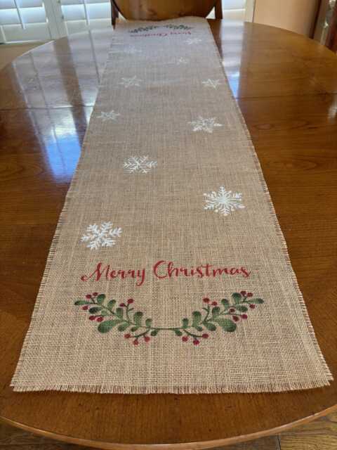 Christmas Table Runner, Hand Painted Merry Seasonal Snowflake Runner, Interior Design, Home Decor - image 1