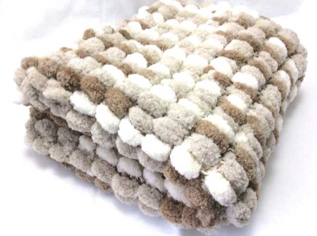 Hand Knitted Pom Pram Cover, Chunky Taupe Baby Blanket - image 1