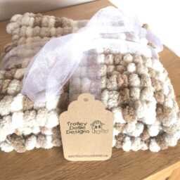 Hand Knitted Pom Pram Cover, Chunky Taupe Baby Blanket - thumbnail 3