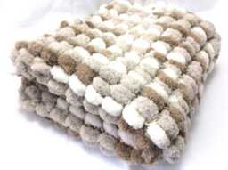 Hand Knitted Pom Pram Cover, Chunky Taupe Baby Blanket - thumbnail 1