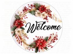 Christmas Welcome Wreath Sign, Merry Xmas Merry Xmas Wreath, Christmas Poinsettia - thumbnail 1