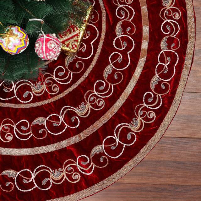 Red Christmas Tree Skirt 60 Inch Extra Large Velvet Tree Skirt Swirl Decorations Heirloom Gift - image 1