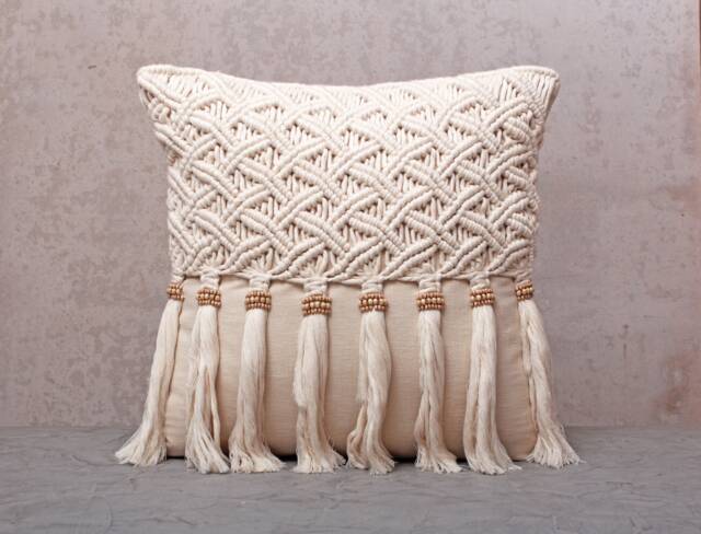 Off-White Cotton Macrame Bohemian, Bali Style Pillow Cover, Decorative Handmade Throw Cover, Embroidered Cover Wlcc041 - image 1