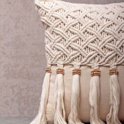 Off-White Cotton Macrame Bohemian, Bali Style Pillow Cover, Decorative Handmade Throw Cover, Embroidered Cover Wlcc041 - thumbnail 2