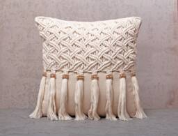 Off White Macrame Pillow Cover, Handmade Cotton Boho Cushion With Wooden Beads & Tassels