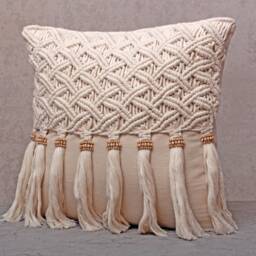 Off-White Cotton Macrame Bohemian, Bali Style Pillow Cover, Decorative Handmade Throw Cover, Embroidered Cover Wlcc041 - thumbnail 3