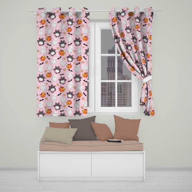Cute Kawaii Halloween Ghost Bat Candy Pumpkin Seamless Pattern Blush Background Readymade Eyelet Ring Top Thermal 100% Blackout Curtains - image 1