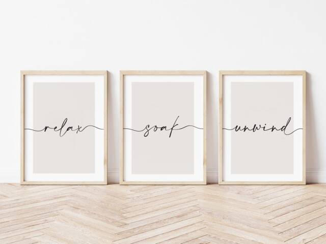 Bathroom Prints, Relax Soak Unwind, Set Of 3, Wall Art, Neutral Bath Print, Home, Beige Home Decor - image 1