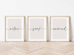 Bathroom Prints, Relax Soak Unwind, Set Of 3, Wall Art, Neutral Bath Print, Home, Beige Home Decor - thumbnail 1