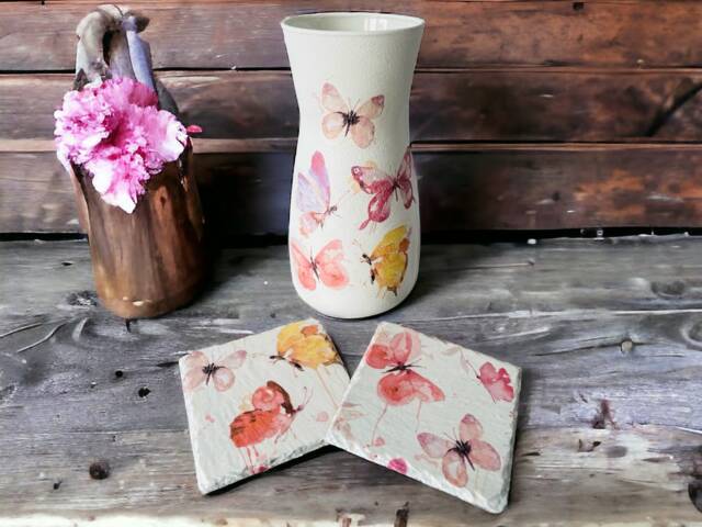 Pastel Watercolour Butterfly Vase, Themed Gifts, Pretty Home Decor, Butterflies, Coasters - image 1