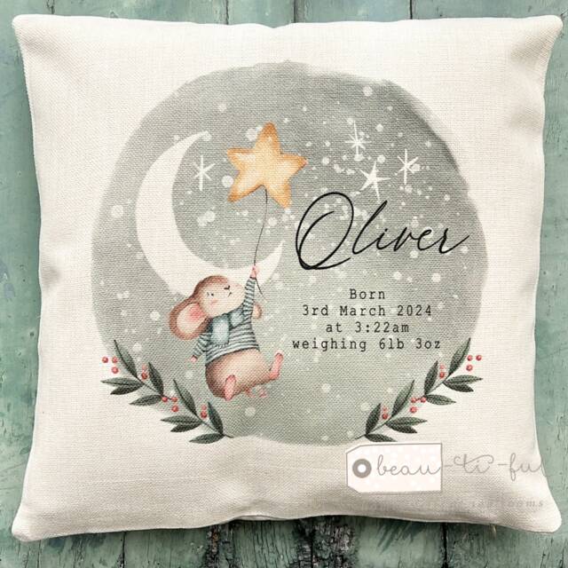 Personalised Newborn Baby Cushion - Birth Details Mouse Keepsake Pillow - image 1