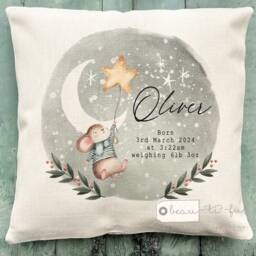 Personalised Newborn Baby Cushion - Birth Details Mouse Keepsake Pillow - thumbnail 1