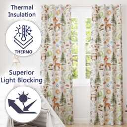 Woodland Deer Owl Mushrooms Stars Seamless Pattern Readymade Eyelet Ring Top Thermal 100% Blackout Curtains - thumbnail 3