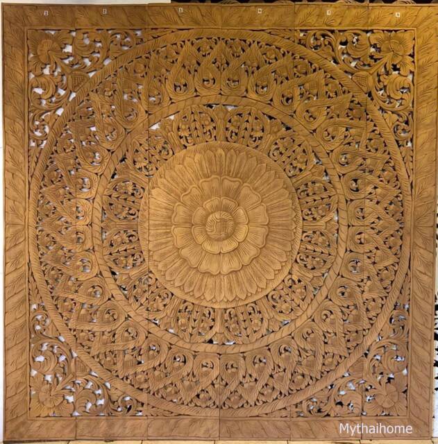 Large Carved Wood Mandala, Carved Headboard King, Teak King Headboard, Mandala Wall Art Panel, Natural Teak Panel, Thai Carving - image 1