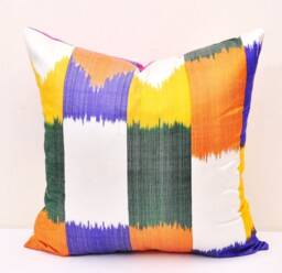 Handmade Silk Cotton Ikat Pillow Cover, Colorful Accent Cushion - 20x20 In - thumbnail 1