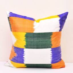 Handmade Silk Cotton Ikat Pillow Cover, Colorful Accent Cushion - 20x20 In - thumbnail 2