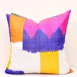 Handmade Silk Cotton Ikat Pillow Cover, Colorful Accent Cushion - 20x20 In - thumbnail 3