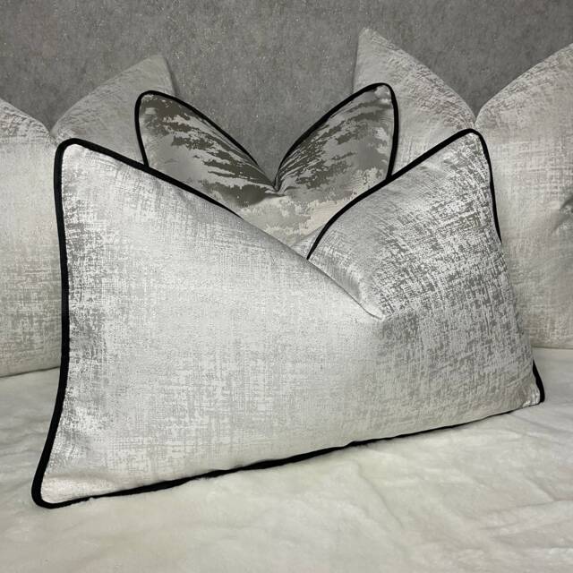 White Black Amelie Cushion Cover Silver Shimmer Fabric Velvet Piping Luxury 12x20 Pillow Sham Monochrome Decor Handmade in UK - image 1