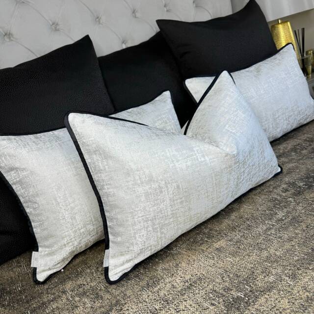 Elegant White & Black Amelie Decorative Pillow Cover With Silver Shimmer & Satin Piping 12x20 - image 1