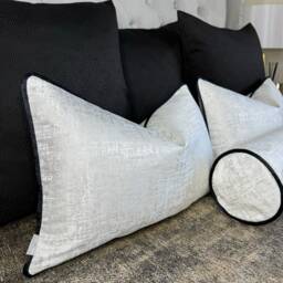 White Black Amelie Cushion Cover Silver Shimmer Fabric Velvet Piping Luxury 12x20 Pillow Sham Monochrome Decor Handmade in UK - thumbnail 4