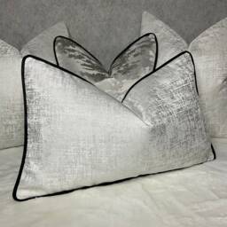 White Black Amelie Cushion Cover Silver Shimmer Fabric Velvet Piping Luxury 12x20 Pillow Sham Monochrome Decor Handmade in UK