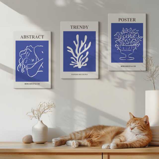 Canvas Art Set Of 3 - Stylish Blue Posters By Henri Matisse, Large Wall Art, Abstract Hanging Piece - image 1
