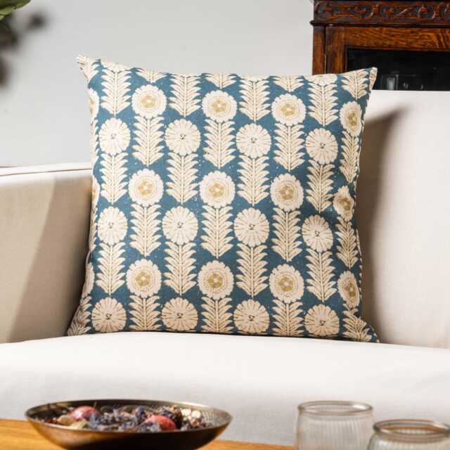 Retro Floral Print Linen Look Cushion Cover in Indigo Blue. Vintage 1960S & 1970S Flower & Leaf Motif Design. 17x17 - image 1