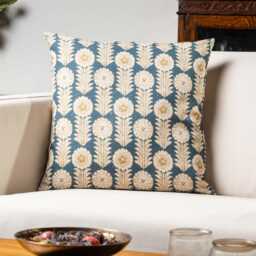 Retro Floral Print Linen Look Cushion Cover in Indigo Blue. Vintage 1960S & 1970S Flower & Leaf Motif Design. 17x17