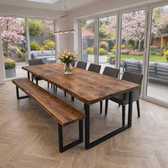 Firsby Rustic Live Edge Dining Table, Square Steel Legs - image 1