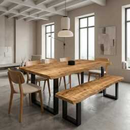 Firsby Rustic Live Edge Dining Table, Square Steel Legs - thumbnail 3
