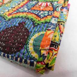 Handmade Indian Kantha Quilt Cotton Bedspread Throw, Bohemian Bedding - thumbnail 4