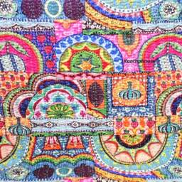 Handmade Indian Kantha Quilt Cotton Bedspread Throw, Bohemian Bedding - thumbnail 2
