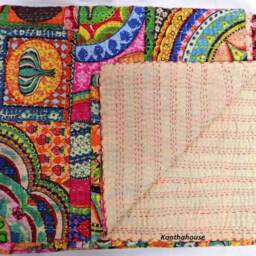 Handmade Indian Kantha Quilt Cotton Bedspread Throw, Bohemian Bedding - thumbnail 3